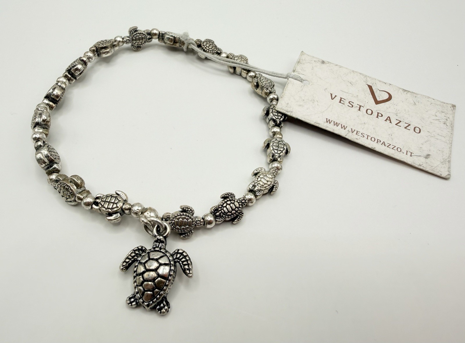 VTG Vestopazzo Silver-Plated Turtle Bead Charm Bracelet Elastic New Old Stock