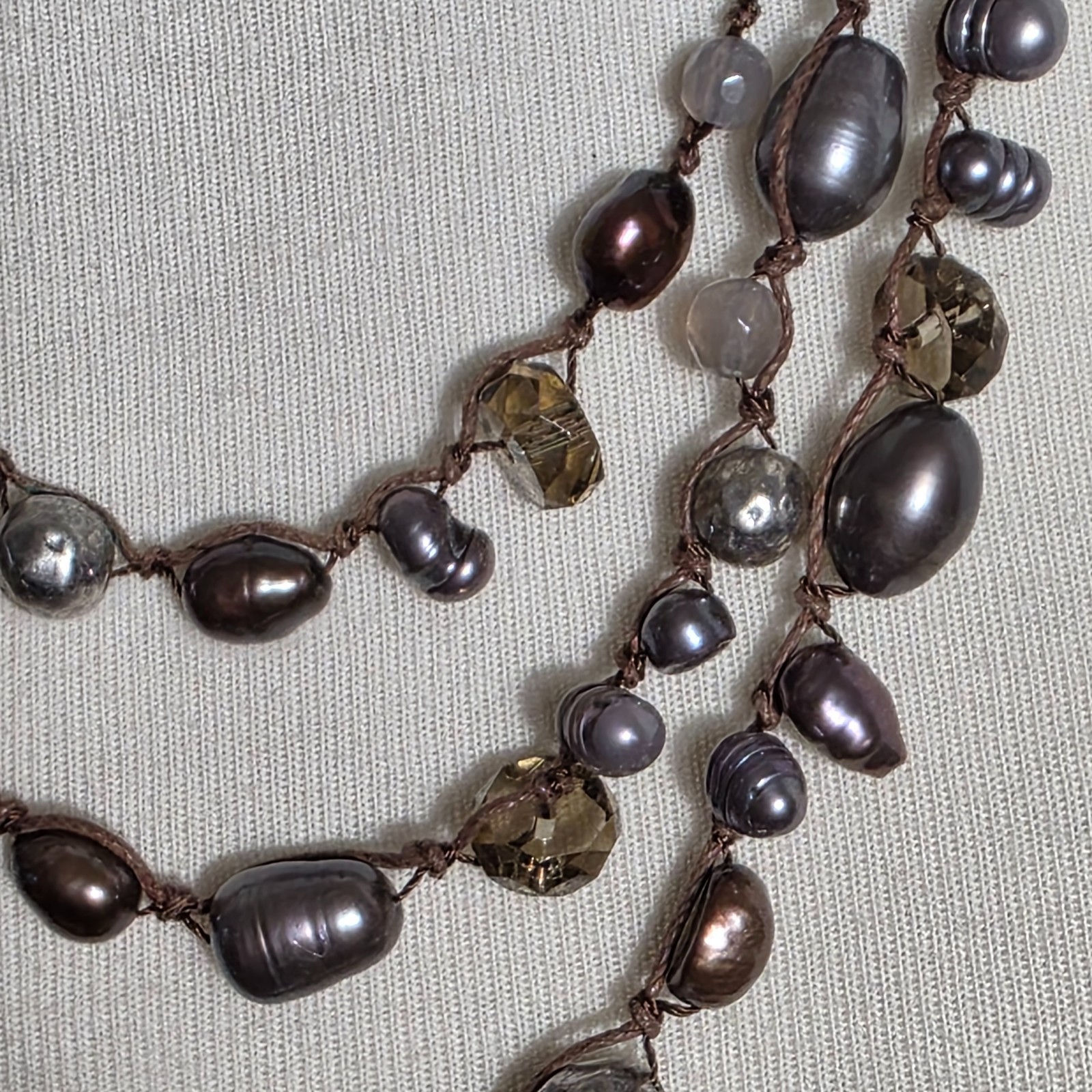 J. Jill Triple Strand Necklace Gray & Bronze Colored Beads on Brown Cord