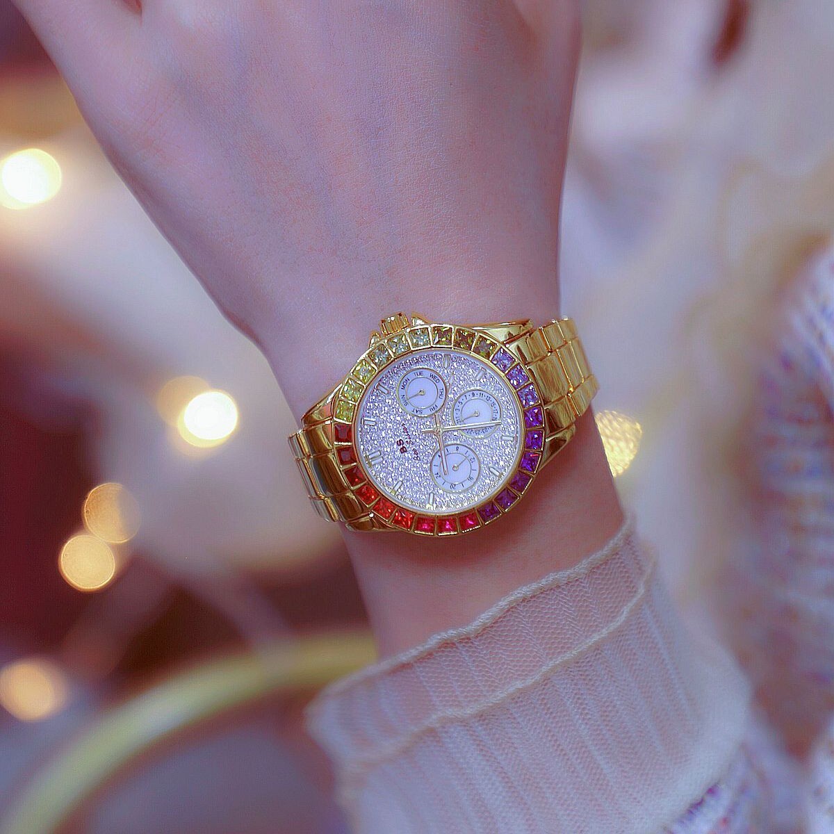 Rainbow Crystal Bezel Women Watch Gold Tone Colored Gems Women’s Wrist Watch