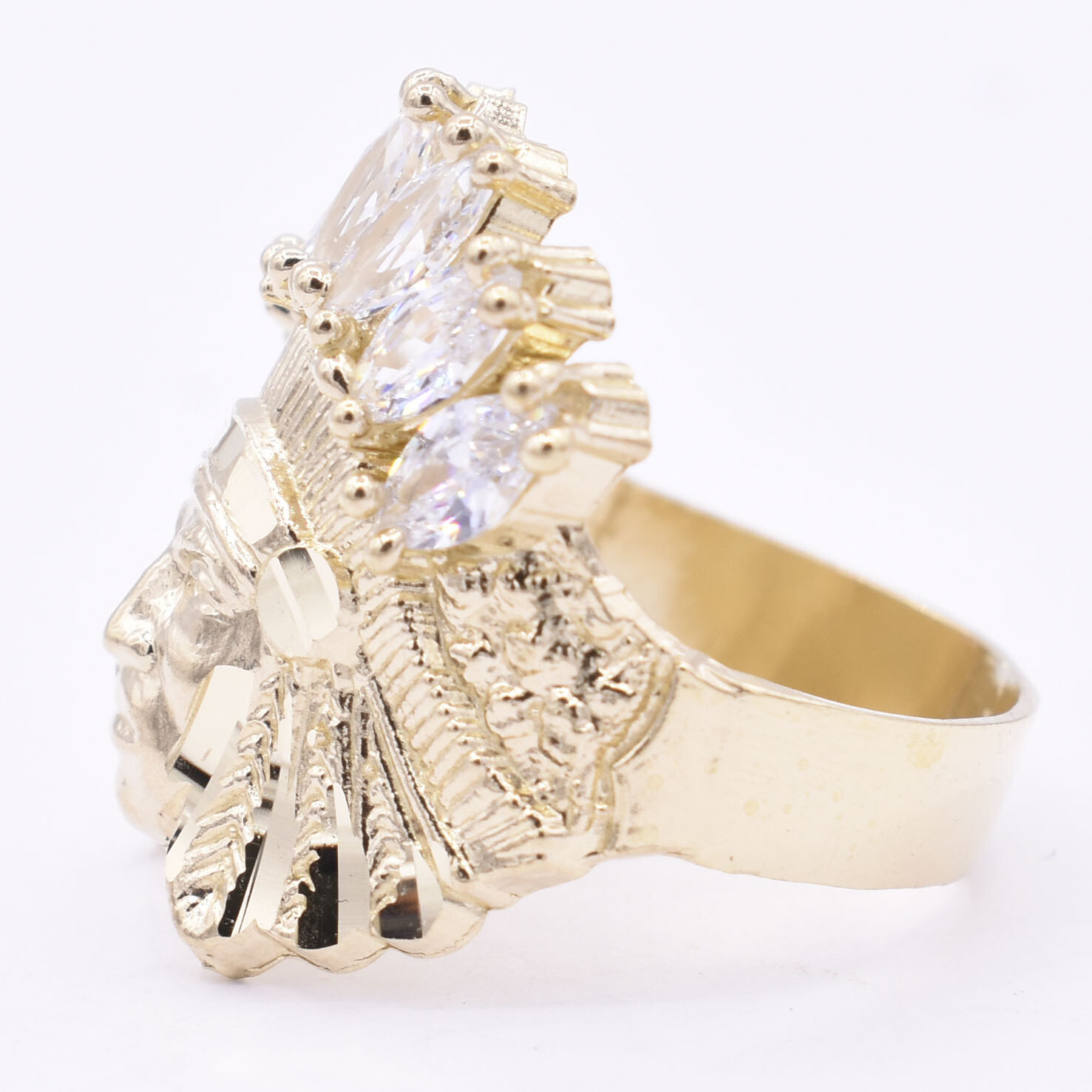 Men’s Native American Indian Head All White CZ Solid 10K Yellow Gold ALL SIZES
