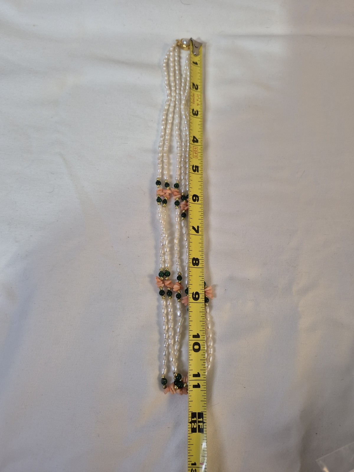 Rice Pearl 3 Strand Necklace 22” Coral Green Goldtone Push Lock Clasp Vintage