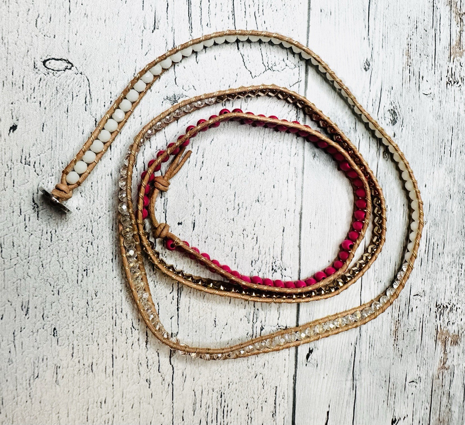 Victoria Emerson Wrap Bracelet Pink White Gold Crystal Leather Spring Colors