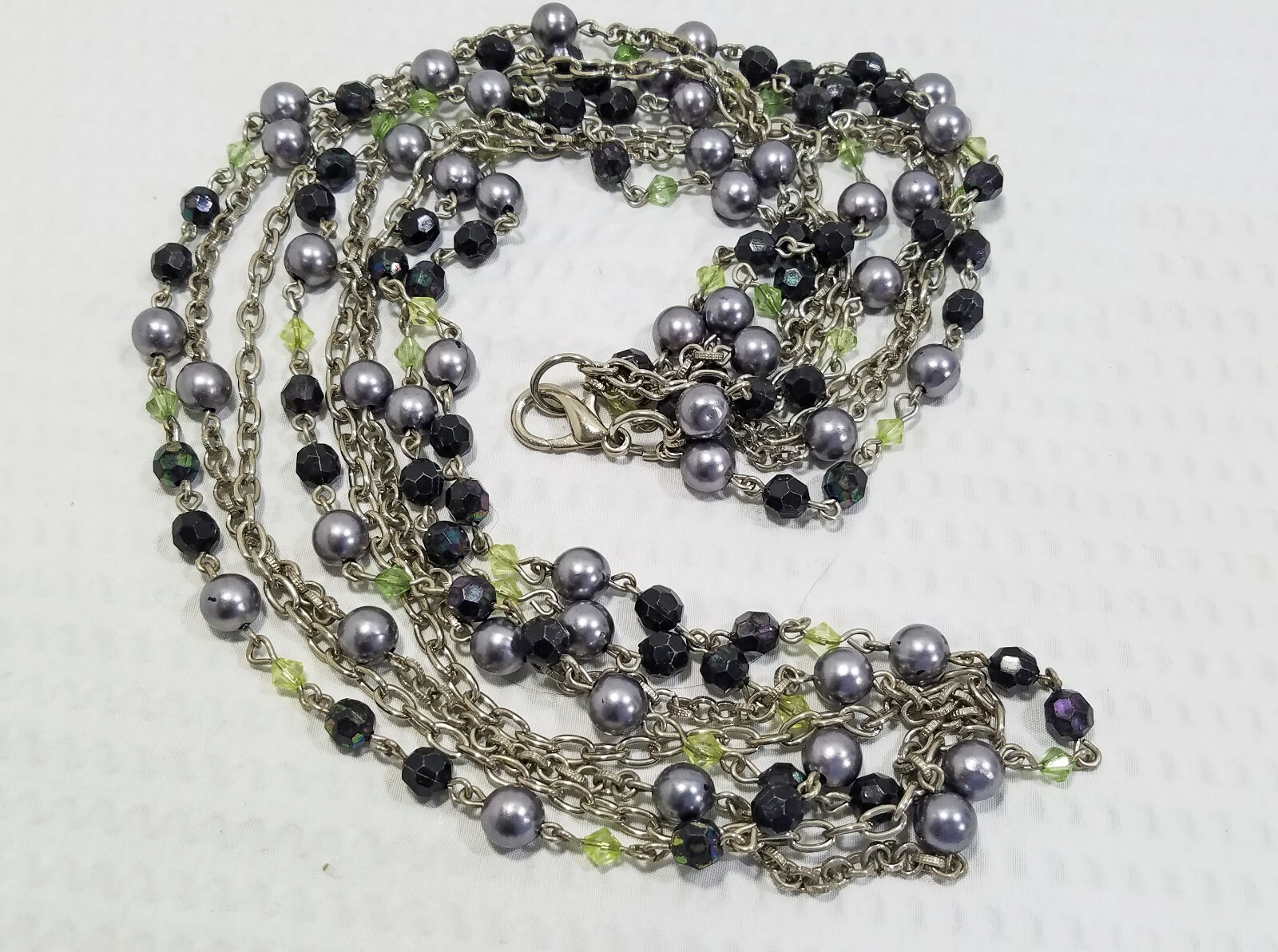 Vintage Black Frosted Gray and Green Beaded Rosary Style Multi Strand Necklace