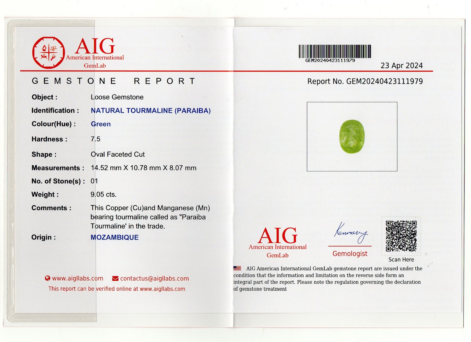 9.05 Cts_AIG CERTIFIED_100 % Natural Copper Manganese Bearing PARAIBA Tourmaline