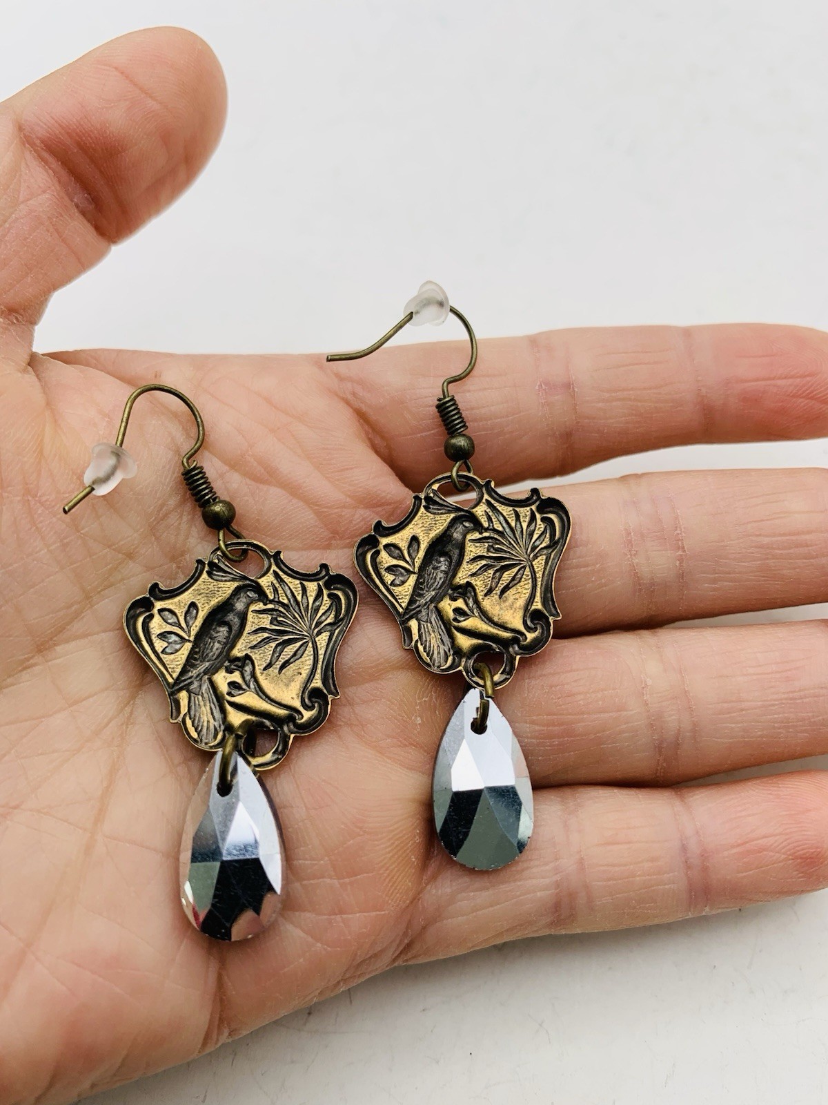 Vintage Style Bronze Art Nouveau Enchanted Bird Rainbow Blue AB Hook Earrings