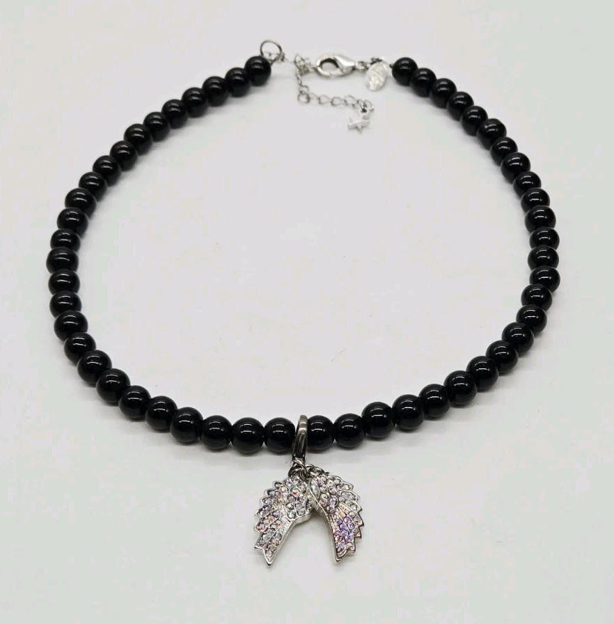 Kirks Folly Necklace Expect Miracles Angel Wing Black Beaded Silver tone 8 mm