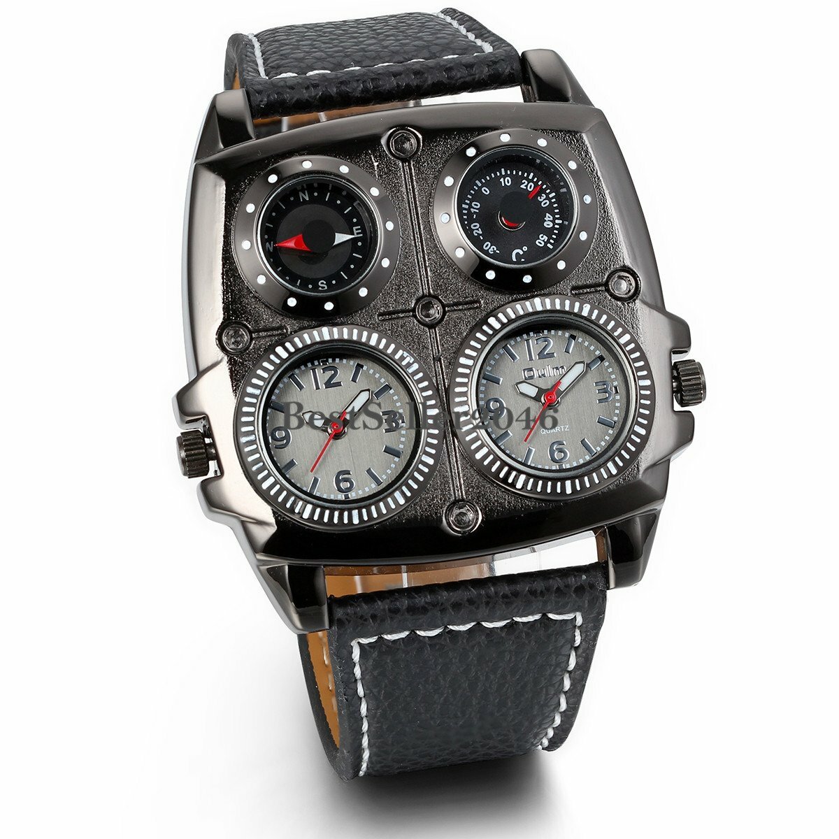 Military Army Dual Time Zone Black Leather Band Mens Analog Quartz Wrist Watch