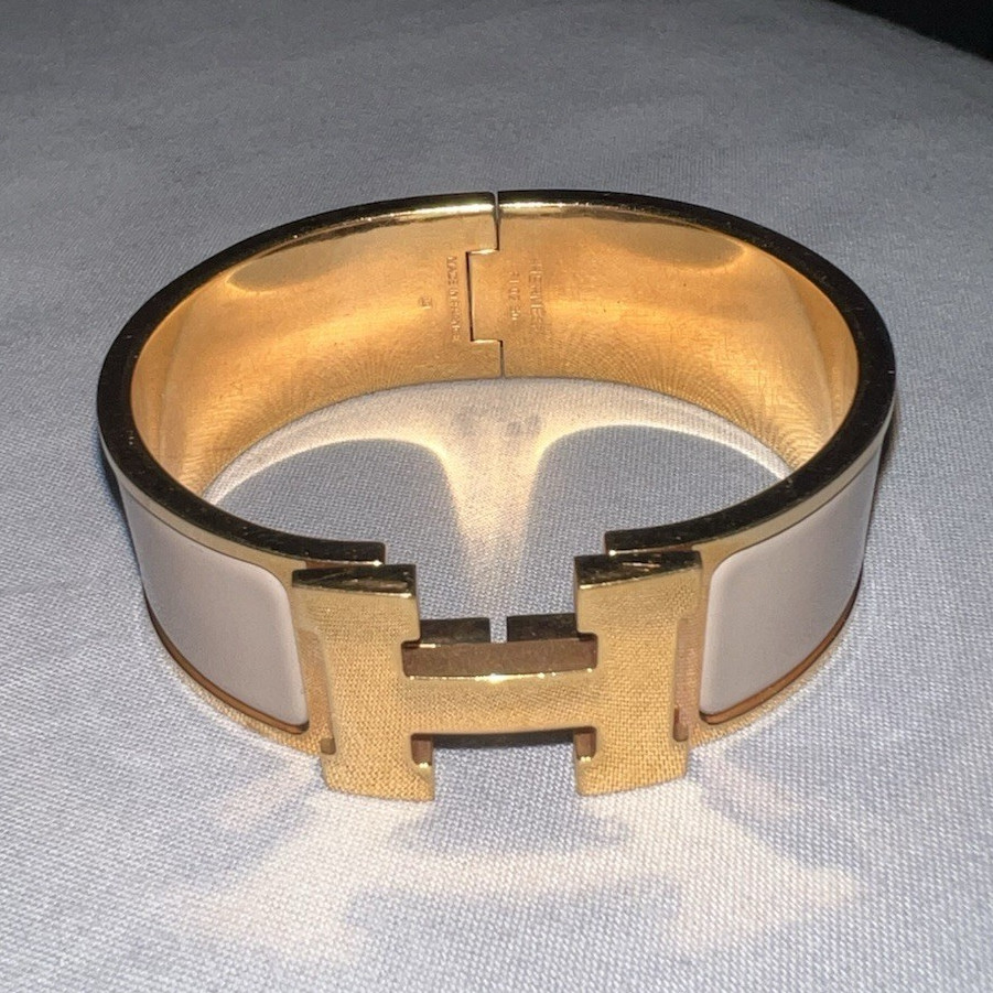 Hermes Clic Clac H Cream Enamel Gold Plated Wide Bracelet