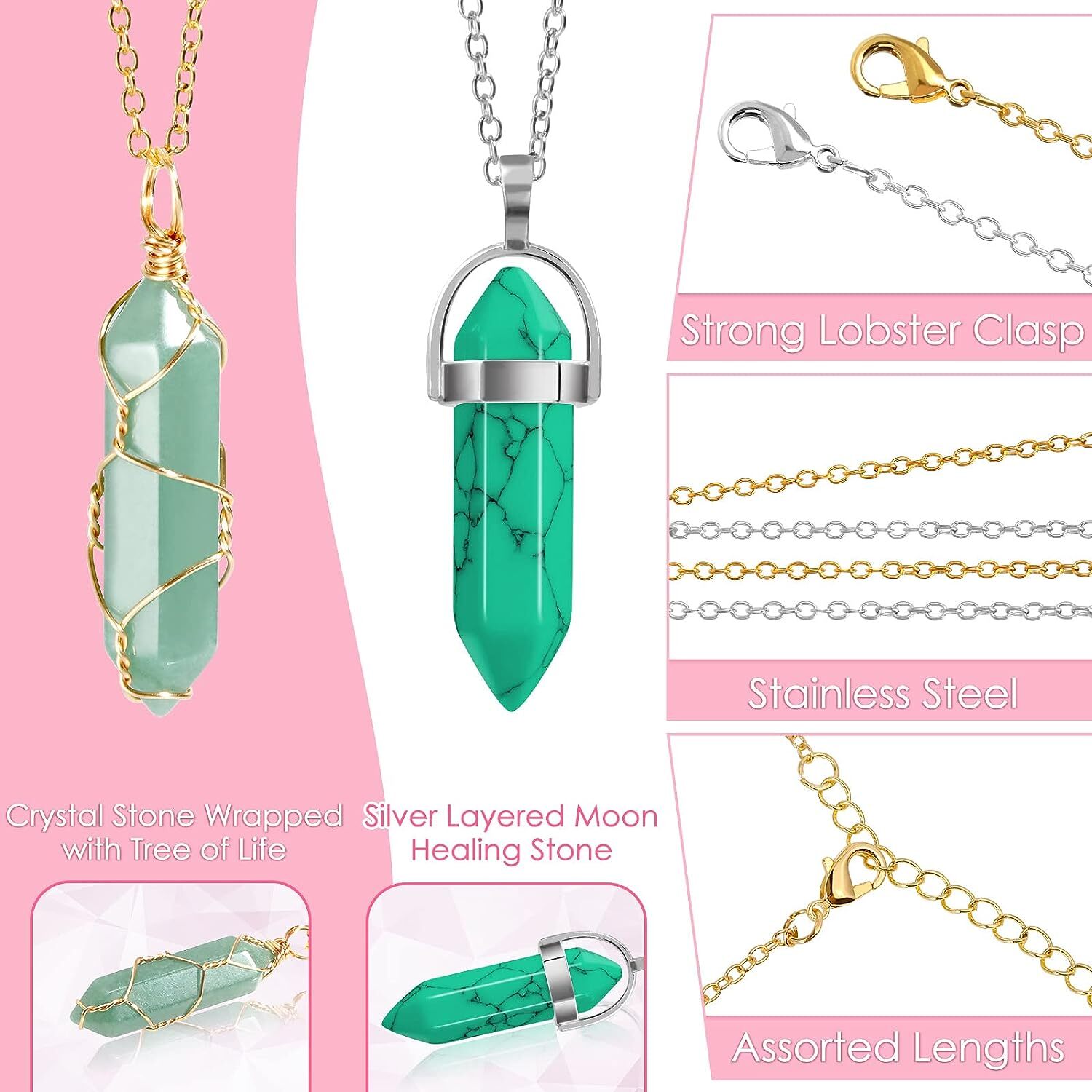 1Pc Healing Crystal Pendant Natural Chakra Quartz Stone Charm Hexagonal Necklace