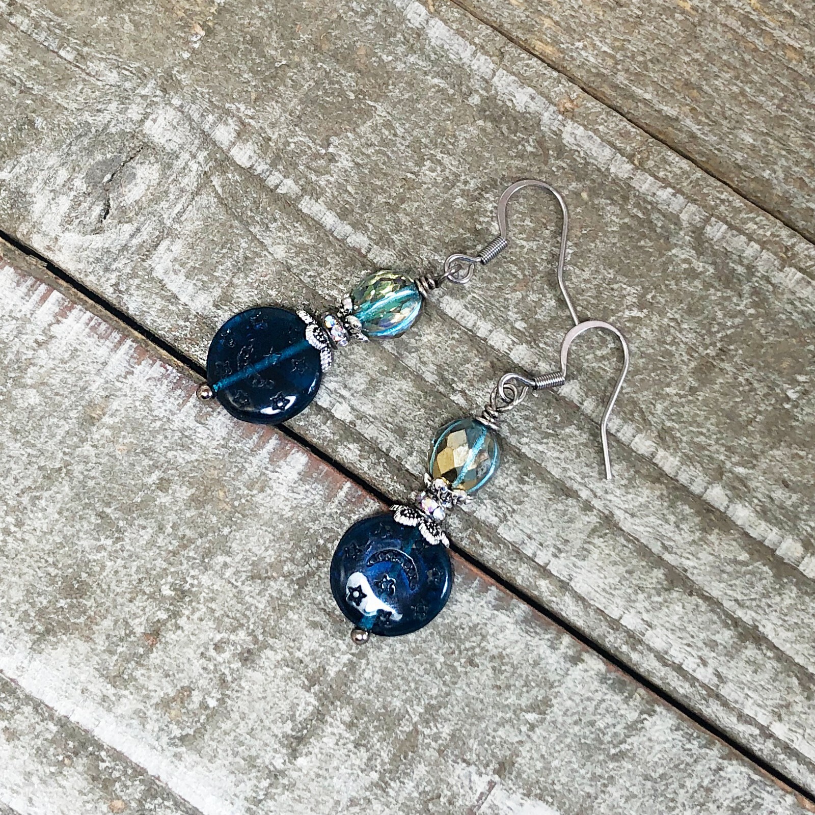 Earrings w Czech Glass Cobalt Blue Coins Engraved w Stars