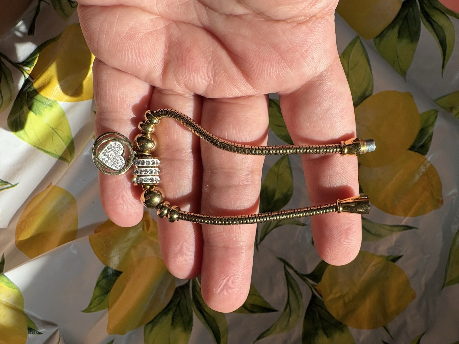 Gold Tone Snake Chain Slide Charm Bracelet Heart Dangle Clear Pavé Crystals