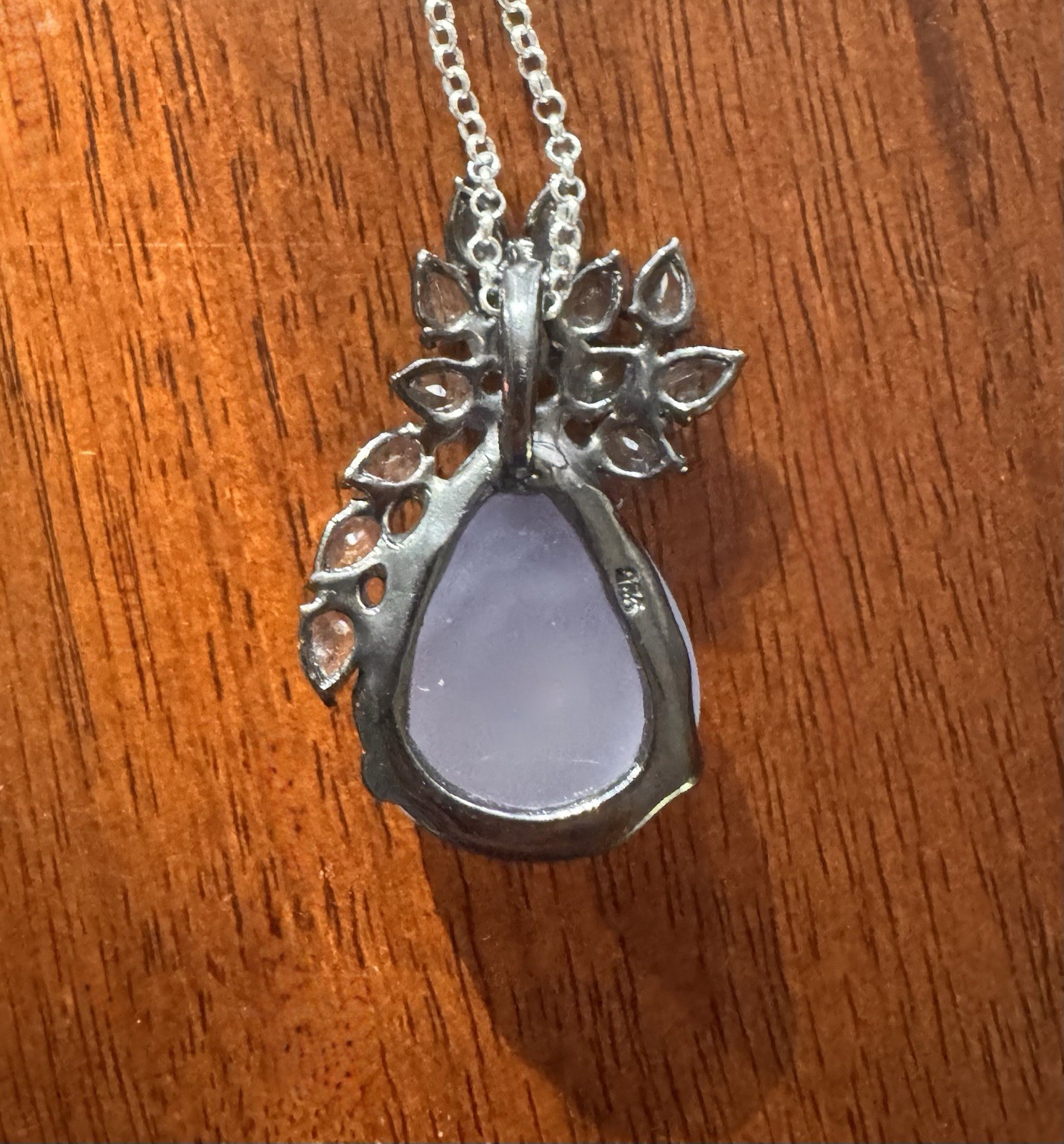 925 Sterling Lavender Chalcedony 18” Necklace Floral Blue Gemstone Pendant