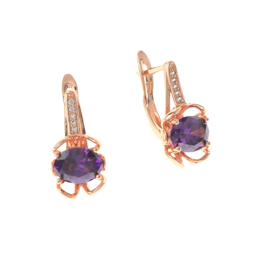 Rose Gold Tone Alloy Metal English Lock Cubic Zirconia Stud Earrings XPE1665-PUR