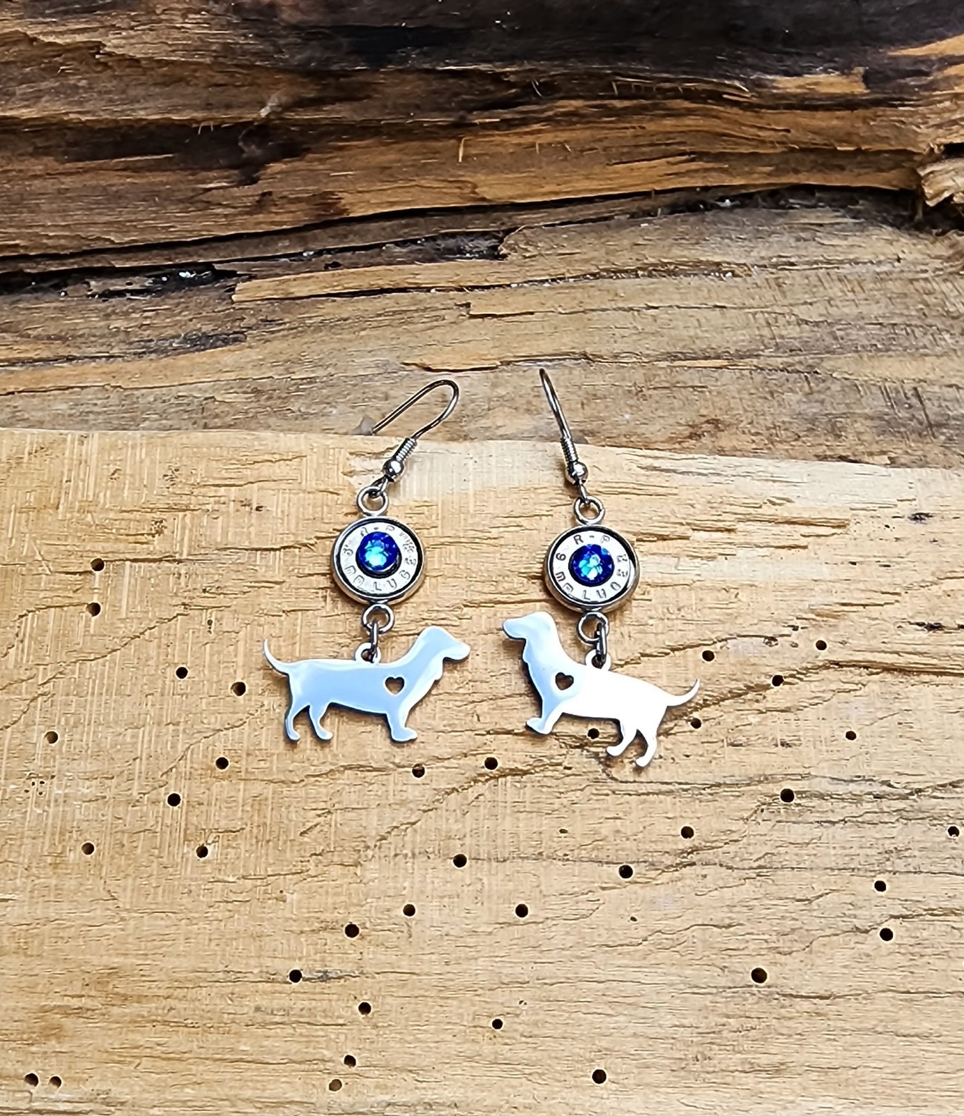 Stainless Steel Bullet Earrings with Dachshund Charms. Optional Crystals.