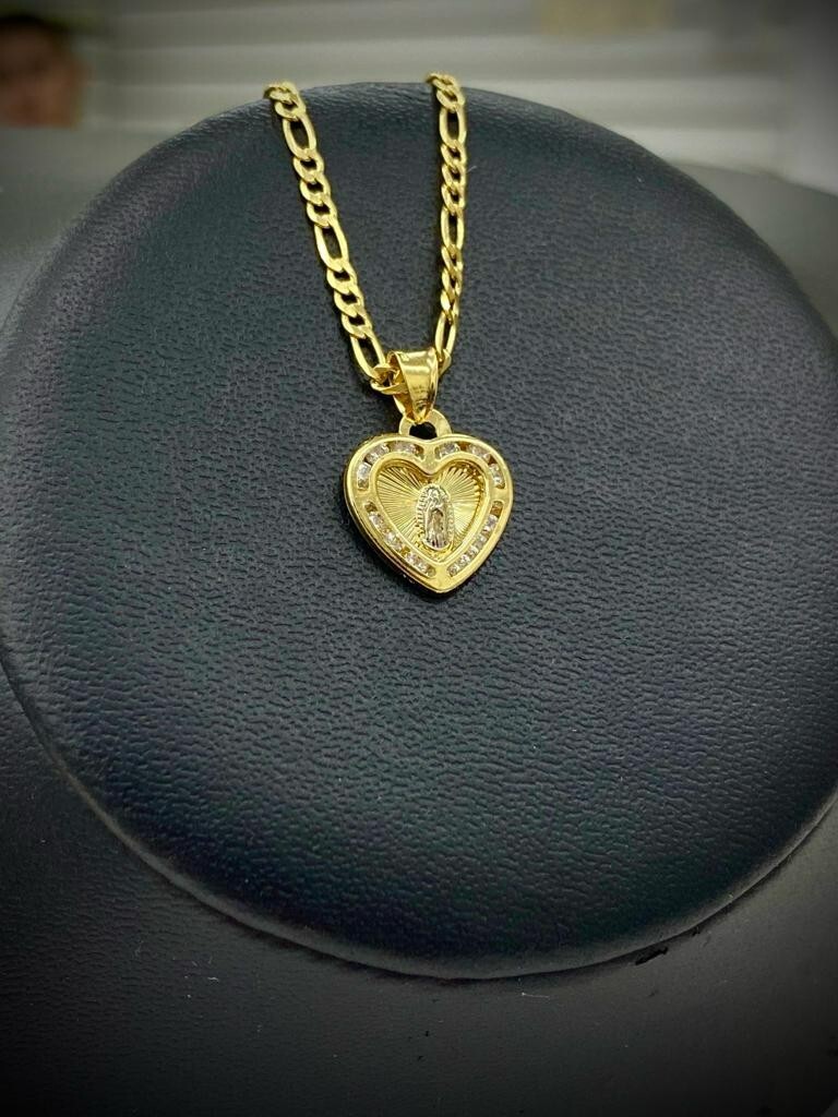 Virgen de Guadalupe Necklace Gold Filled Our Lady Heart CZ Pendant Figaro Chain