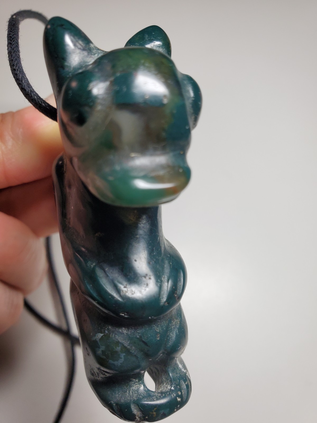 Large Dark Green Stone Winged Horns Amulet Figure Alien Necklace Strange Carving