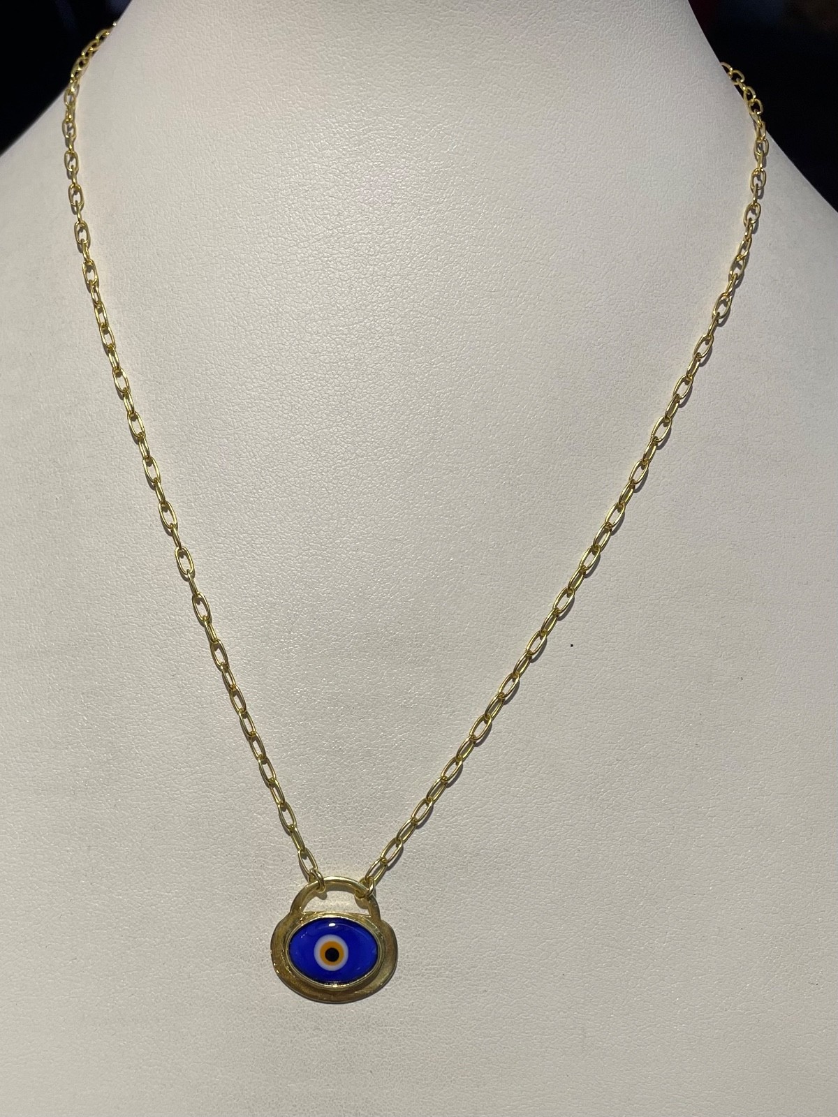 18k Yellow Gold Blue Evil Eye GREEK PADLOCK PAPERCLIP LINK 18″ CHAIN NEW