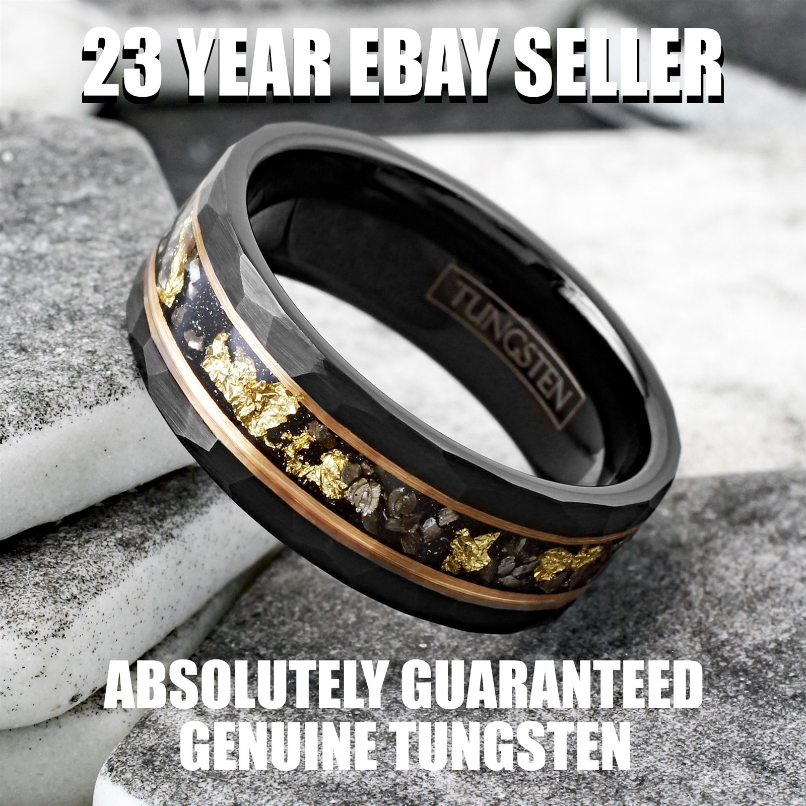 Tungsten Carbide Black Rose Gold Plated Stripe 24K Gold Foil & Meteorite Ring