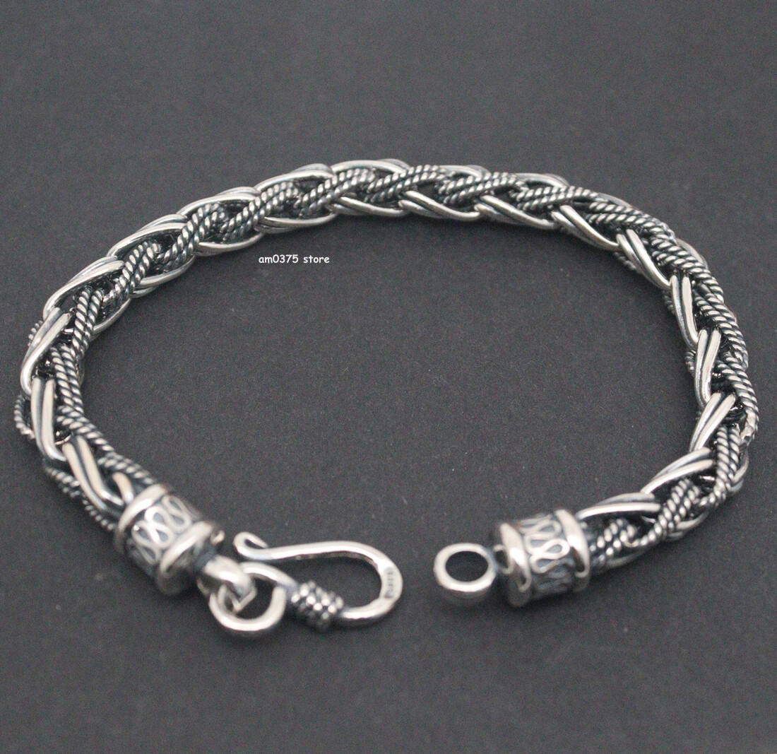 Real 925 Sterling Silver Bracelet Men Women 7mm Round Wheat Link 7.87inch/34-35g