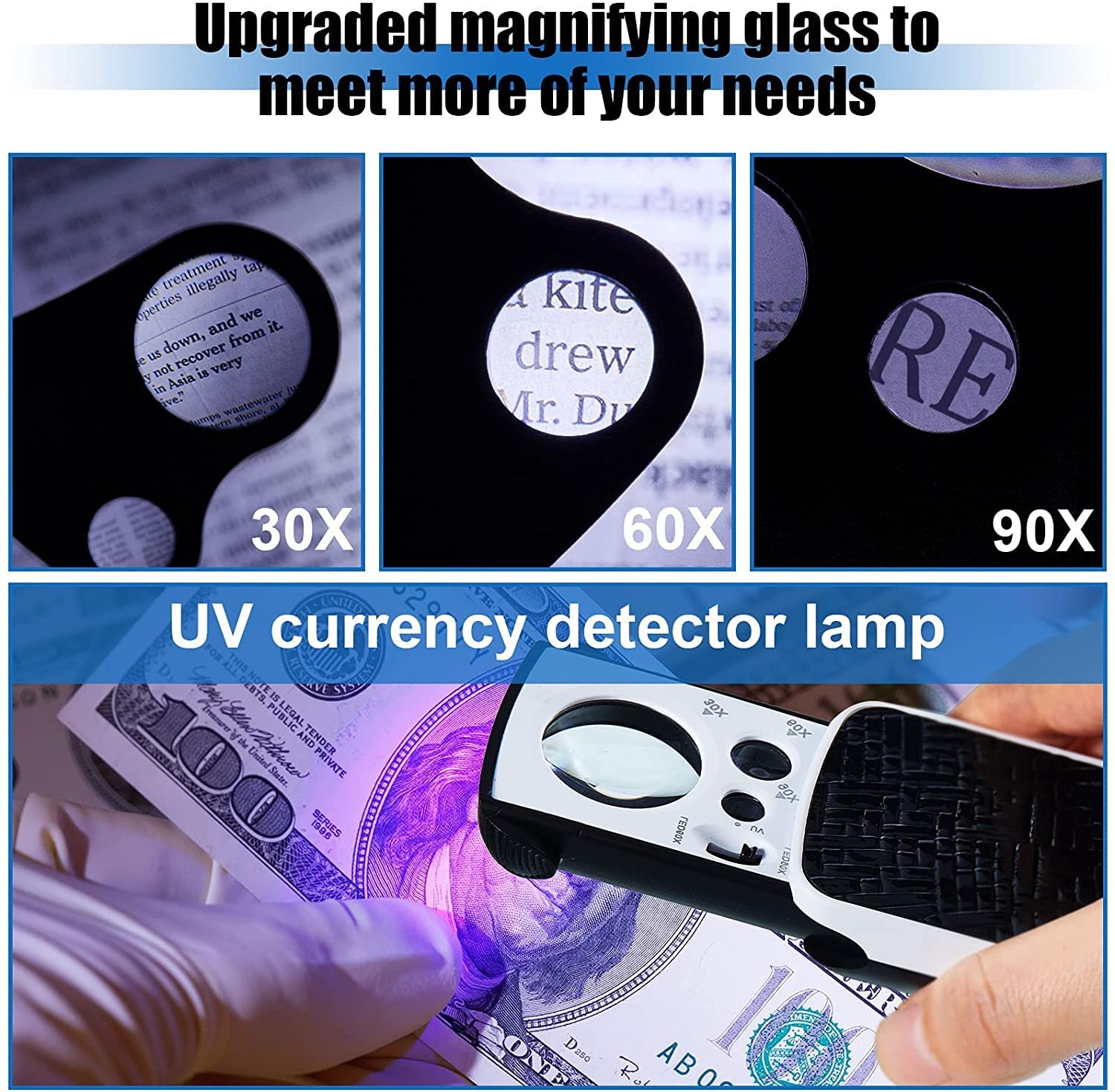Jewelers Loupe 2 Pack: 30X 60X 90X Magnifying Glass with Light & Batteries