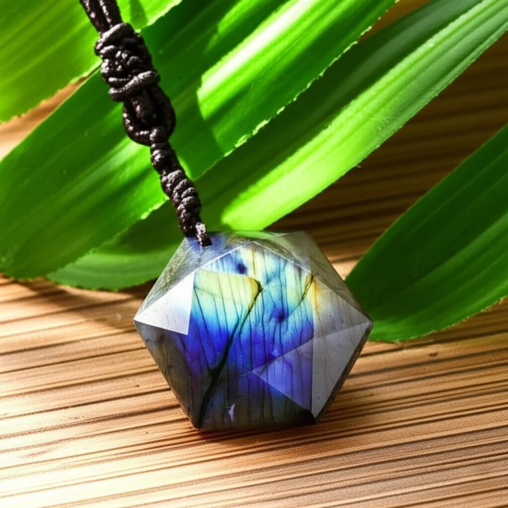 Natural Labradorite Hexagon Pendant Crystal Healing Amulet Women Men Necklace