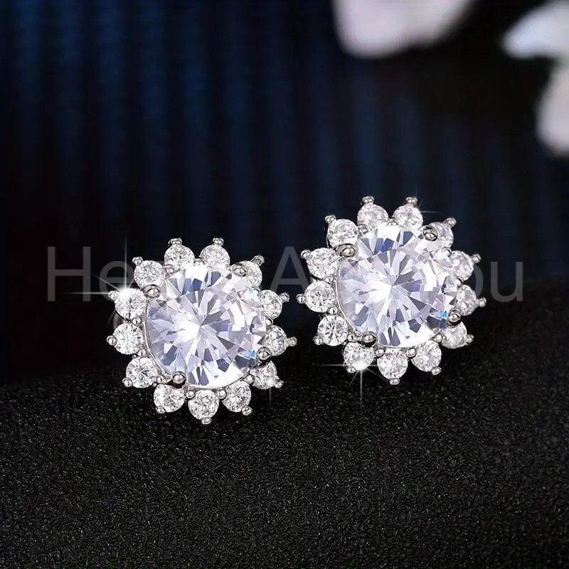 3ct Round Cut Moissanite Floral Halo Stud Earrings 14K White Gold Plated