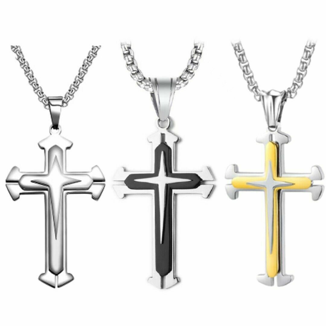 Silver Black Gold Blue Crucifix Cross Pendant Necklace Chain Christian Jewelry