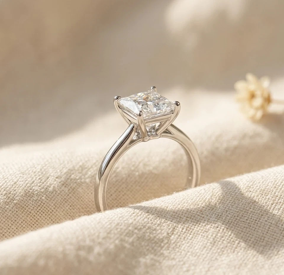3Ct Princess-Cut Moissanite Solitaire Engagement Ring 14K White Gold Plated