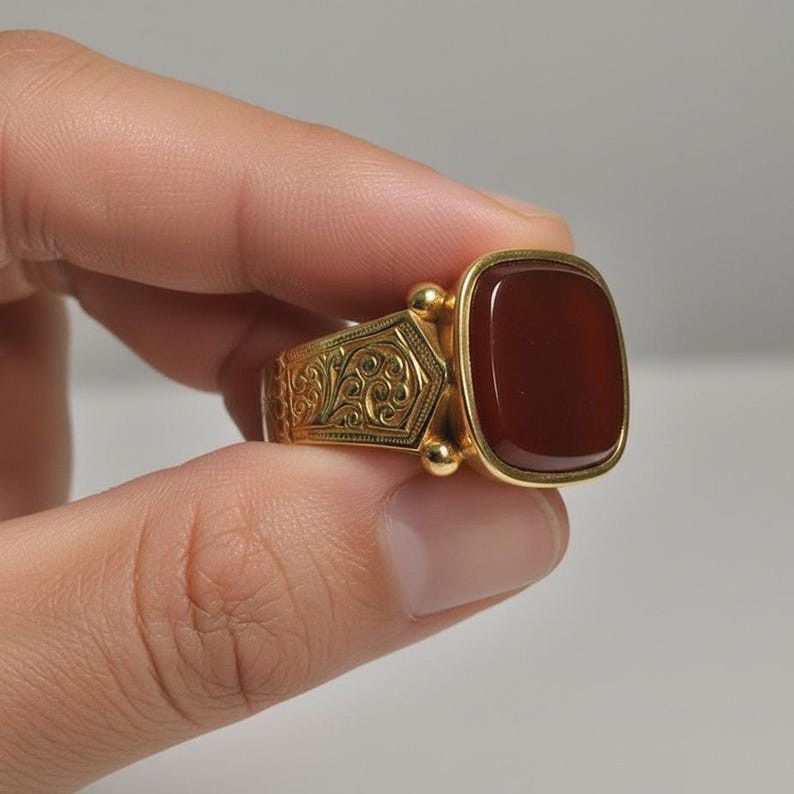 Brass Gold Plated Carnelian Ring Mens Vintage Red Agate Signet Statement New