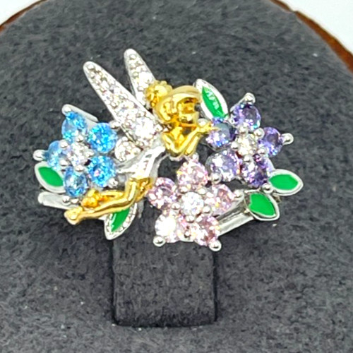 Ring Silver Tone Multi-Color Crystal Flowers w/Gold & Silver Flying Fairy Size 6