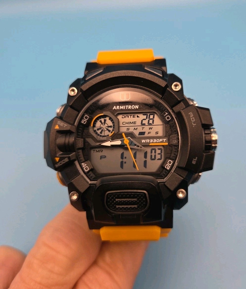 Armitron 55mm Black Gray Yellow Pro Sport Analog Digital Chronogra Watch 20/5477