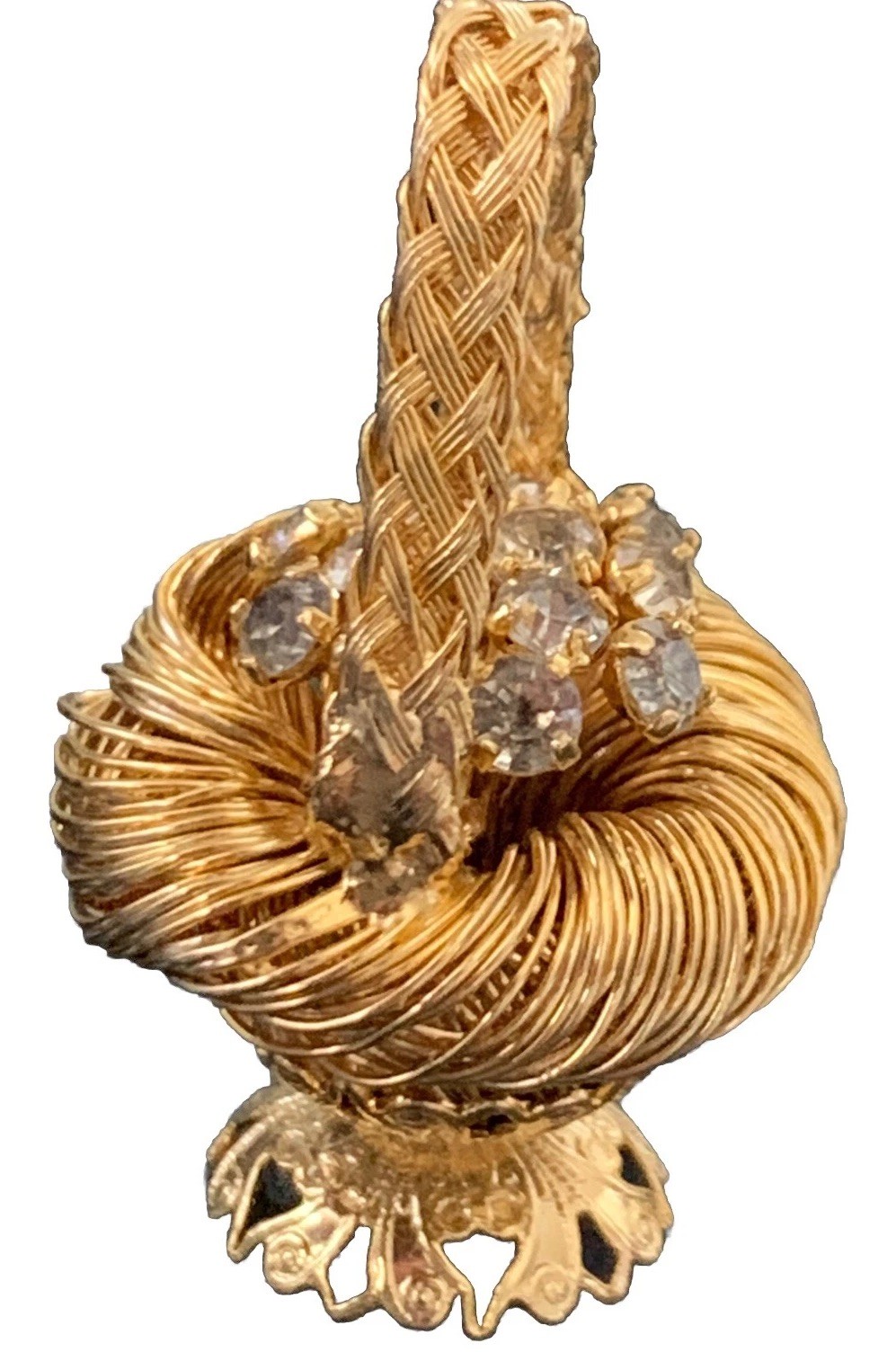 Vintage Free Standing Gold Tone Wire Basket Rhinestone Flower Pin Brooch
