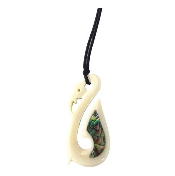 27MM HAND-CARVED MAORI MANAIA WATER BUFFALO BONE PAUA ABALONE FISH HOOK NECKLACE