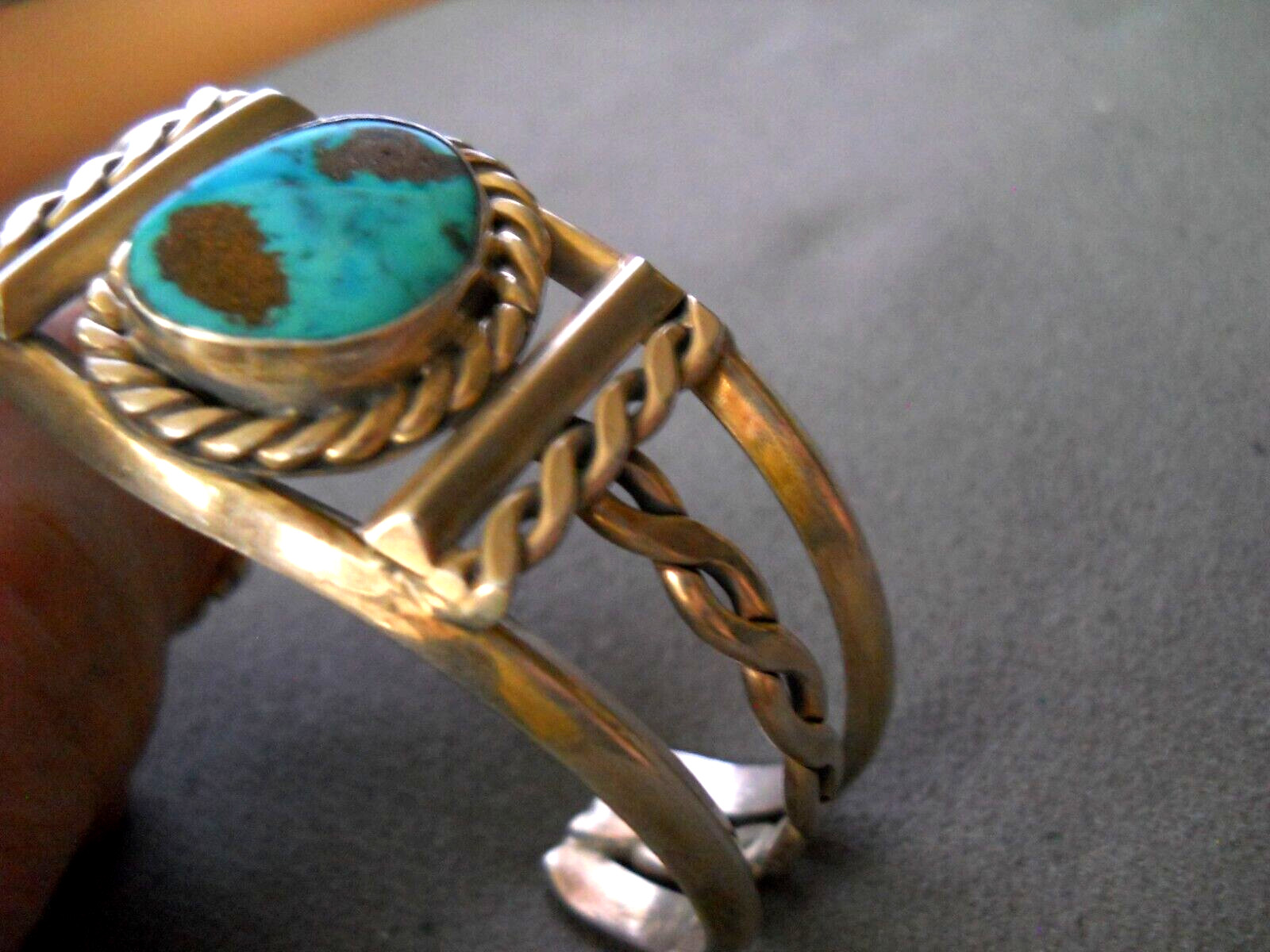 Native American Navajo Rich Blue Turquoise Sterling Silver Rope Cuff Bracelet