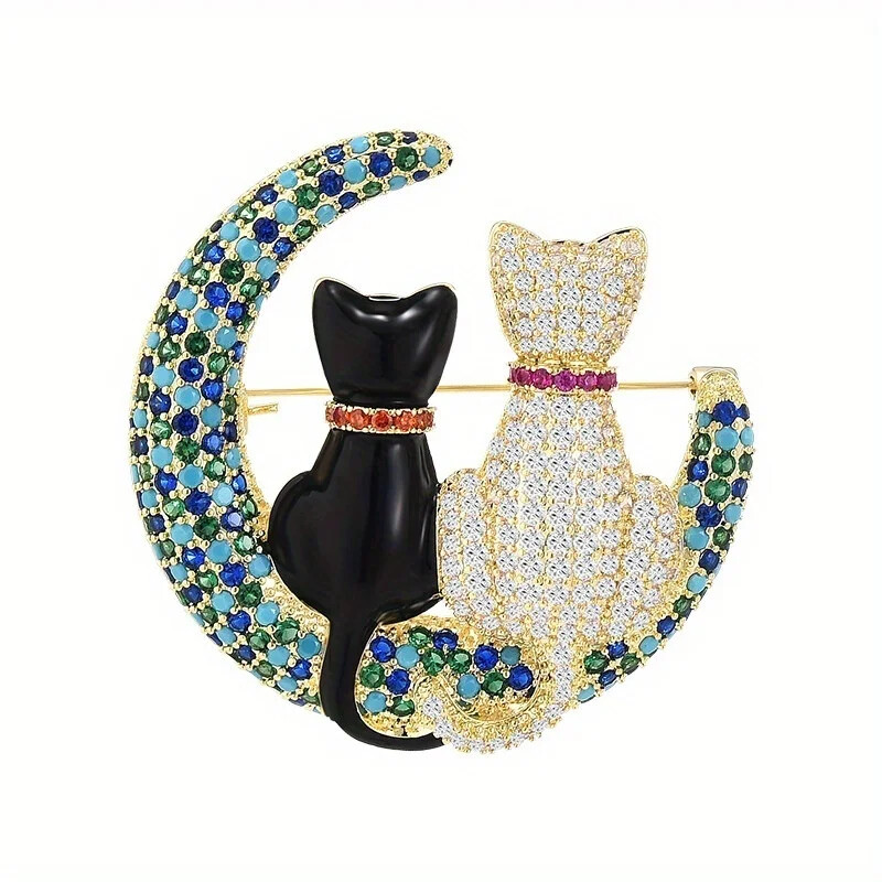 Vintage Moon Cat Brooch for Women Crystal Rhinestone Metal Jewelry Clothing Pin