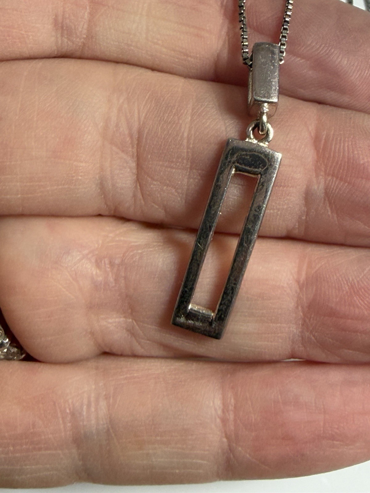 Vintage Sterling Silver Rectangular 1″ Bar Pendant Chain Necklace 18” Chain