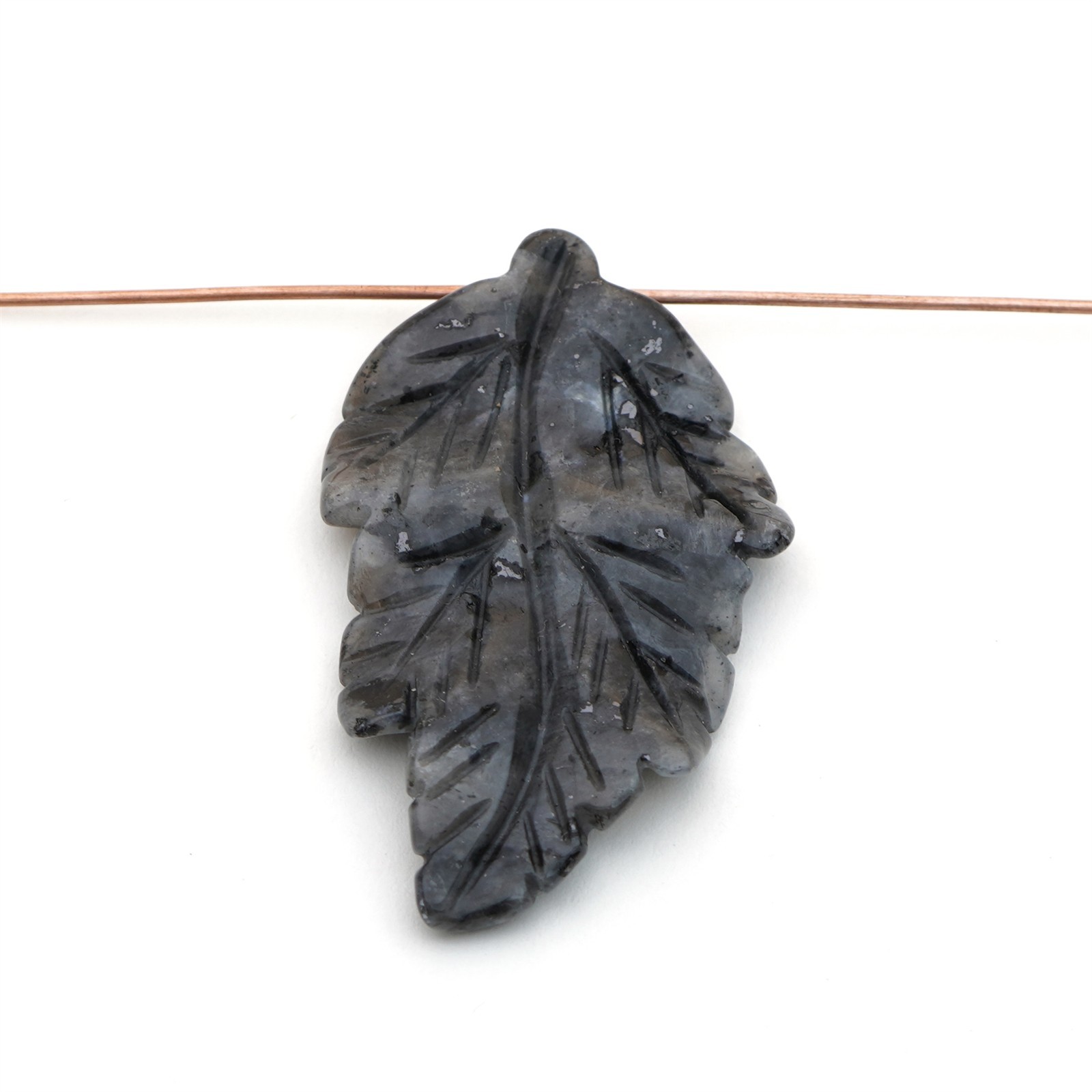 Long carved grey Norwegian moonstone leaf pendant top drill larvikite stone 41mm