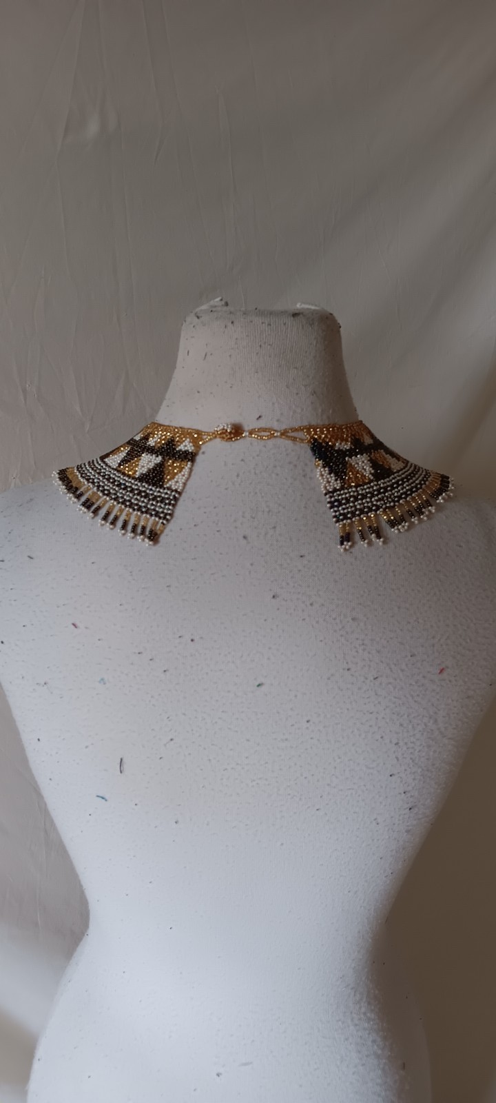 Black and Gold Beaded Fringe Necklace Statement Collar Bib Jewelry Artisan Made