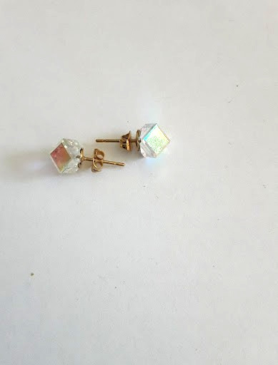 VTG Aurora Borealis Clear Glass Cube Stud Earrings Surgical Steel With Box