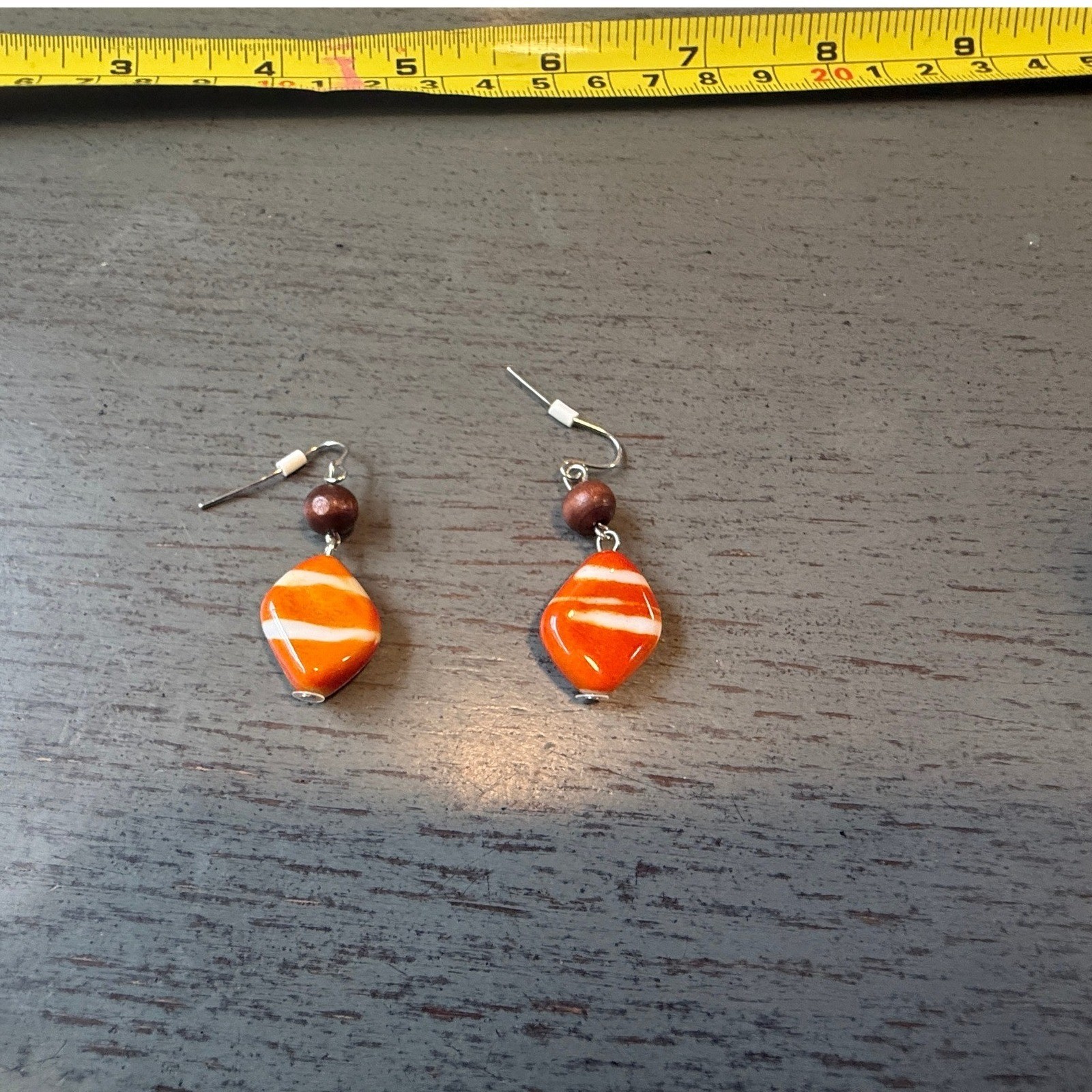 Orange White Striped Glass Diamond Dangle Earrings Wood Bead Boho Fishhook Drop