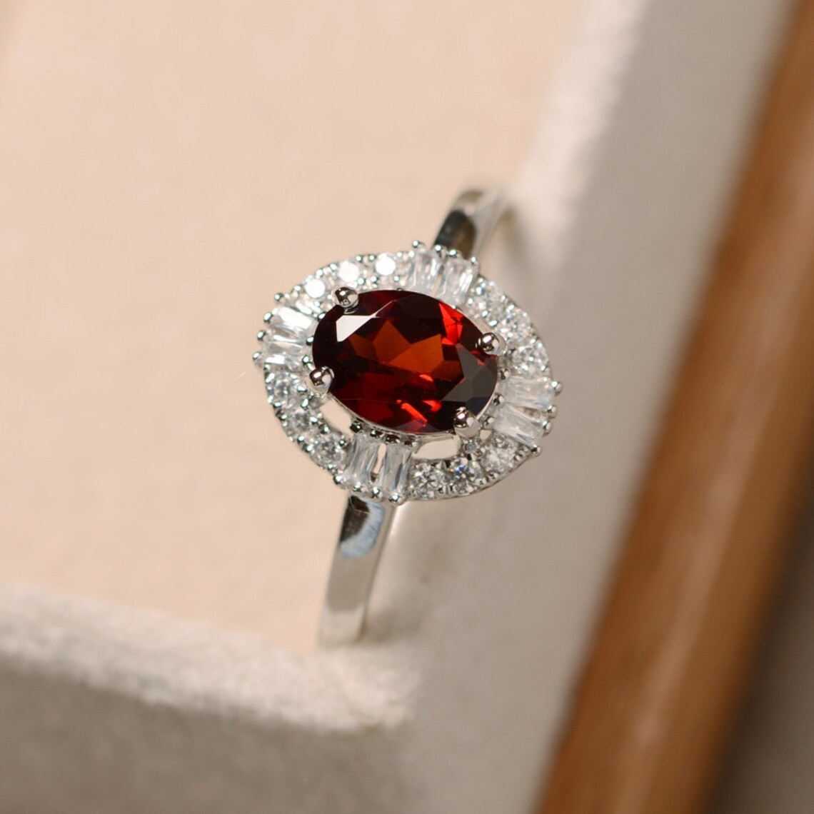 2CT Garnet Oval Gemstone 925 Silver Plated Halo Ring Duty Free