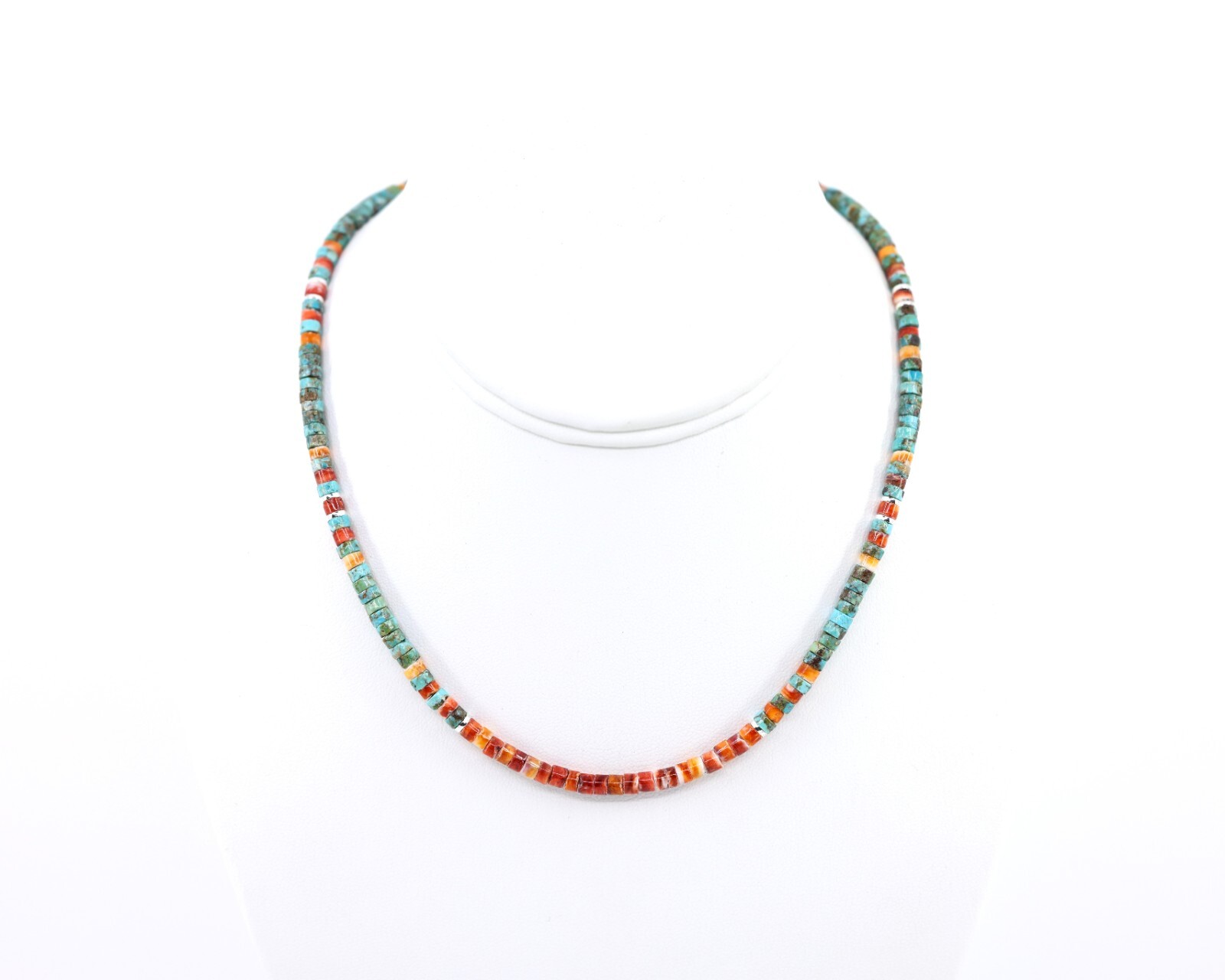 4mm Turquoise & Red Spiny Oyster Heishi Necklace Modern Choker, Sterling Silver