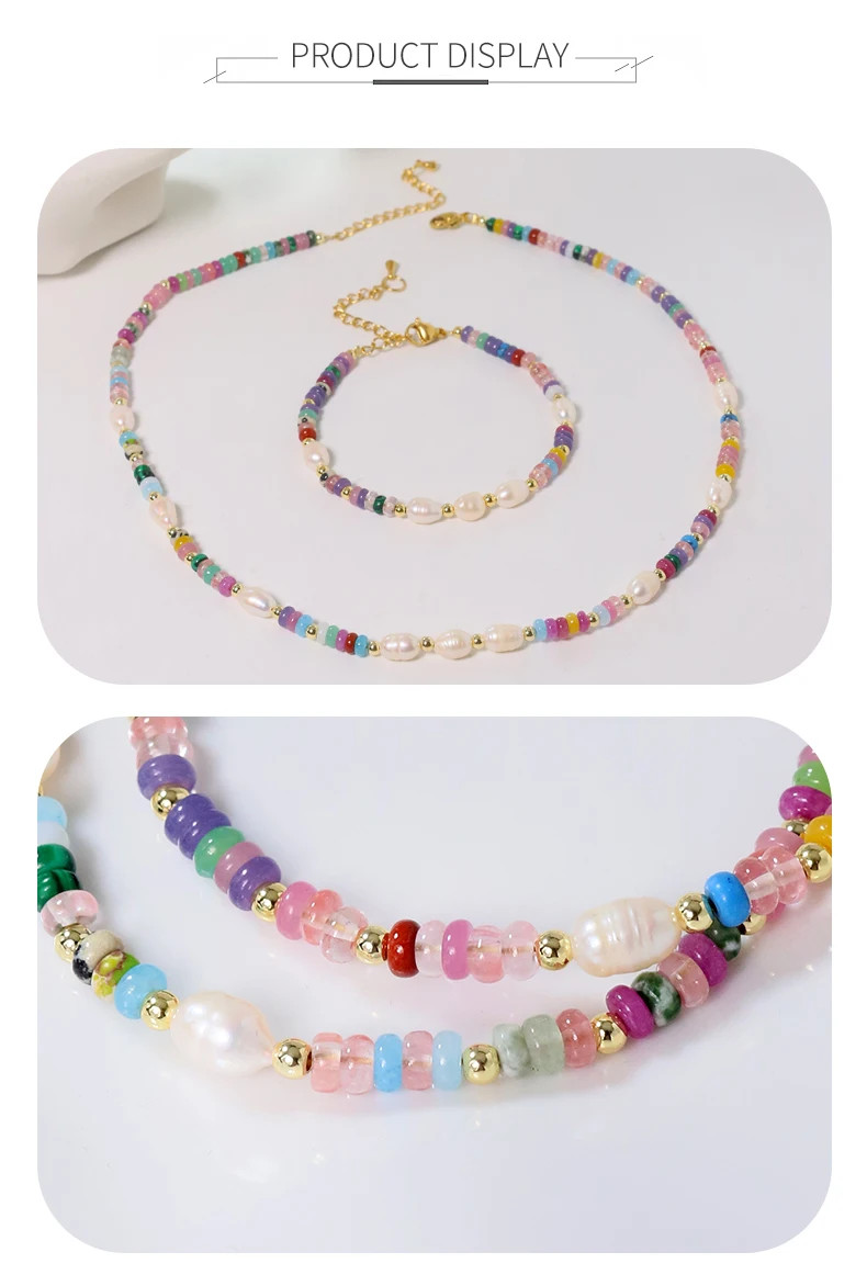 Colored Natural Stone Pearls Necklace Jewelry Women 18K Gold Plated Korean Desig