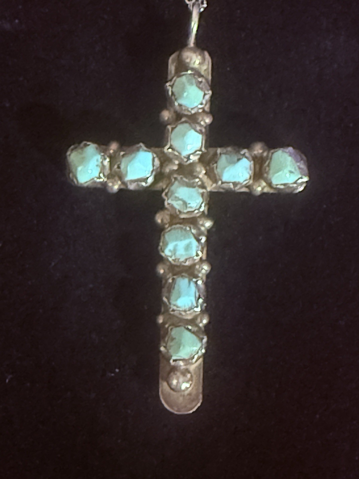 Vintage Turquoise Cross Pendant Acid Tested Silver Handmade Southwest 10 Stone