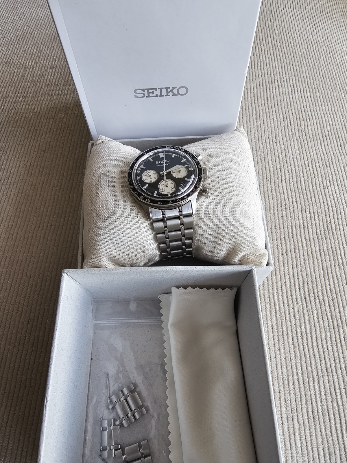 Seiko Essentials Black Panda Chronograph Quartz amazing Men’s Watch get it now