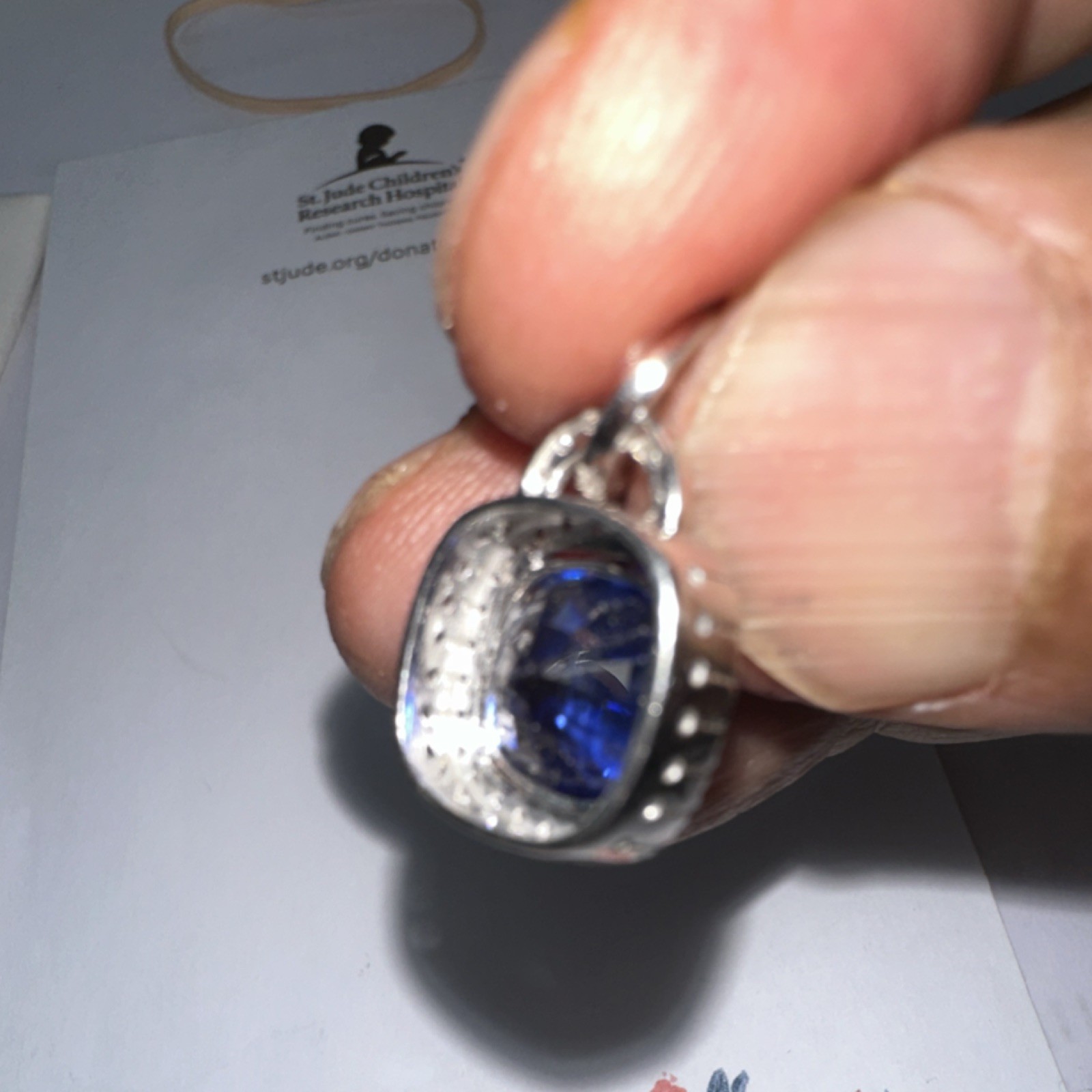 14 k white gold 10 mm Square Pendant Sapphire Blue diffused. Natural Diamonds.