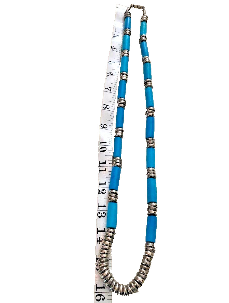 Turquoise colored and silvertoned necklace – authenticity not guaranteed, 16″