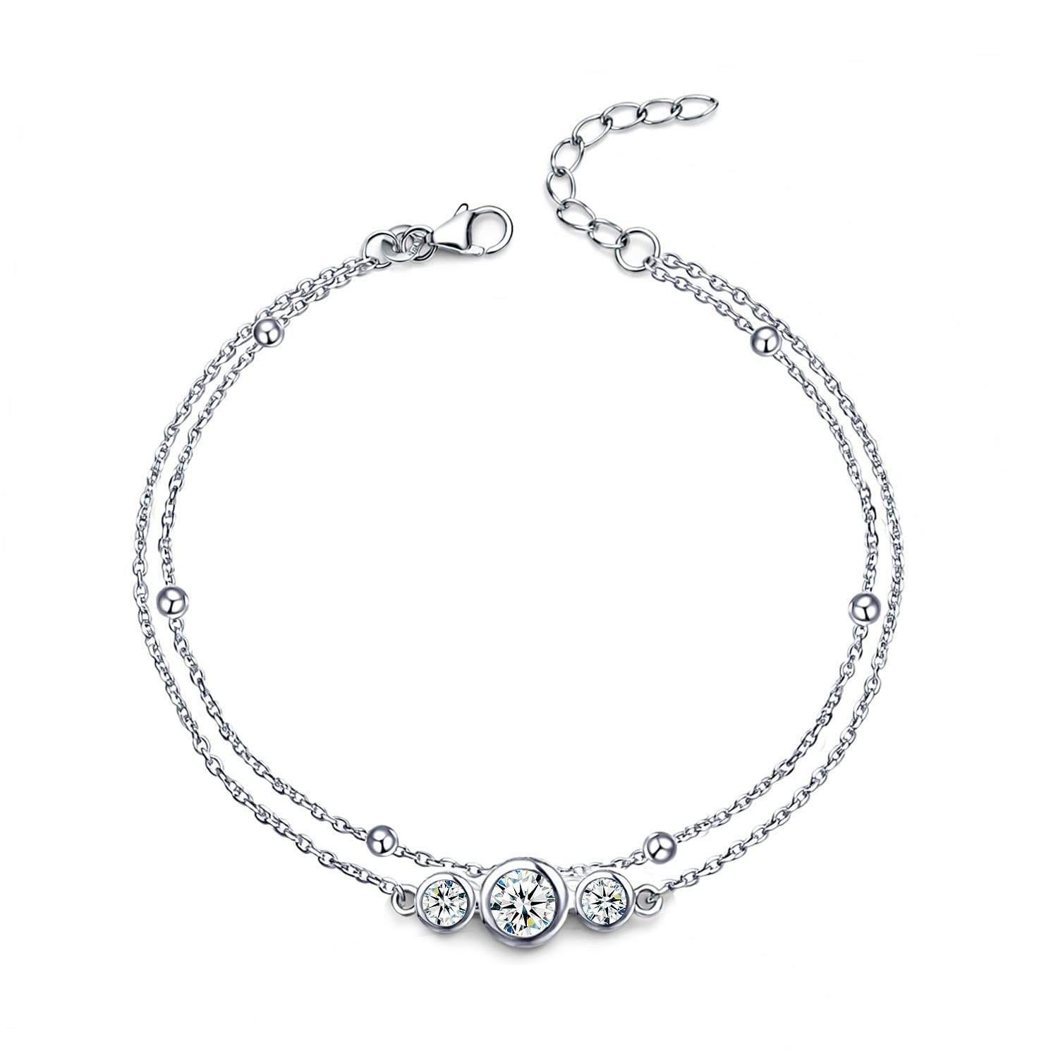 925 Sterling Silver Rhodium-Plated 3 CZ Layered Bracelets for Women 7.5 Inches