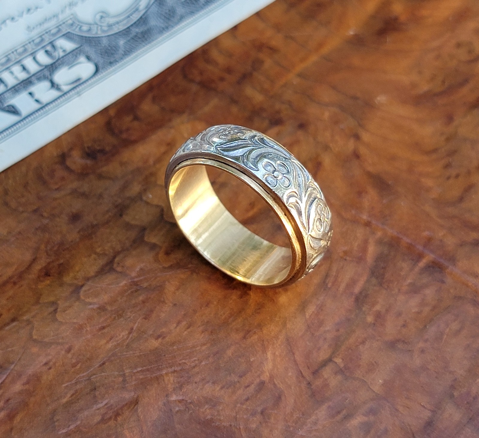 ARTCARVED Fancy 14K Yellow/White Gold Ring/Wedding Band-Flowers-Sz 7.25-7.8g