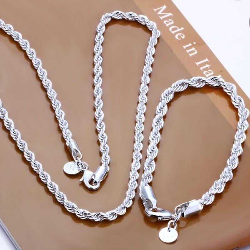 4MM women men chain male twisted rope necklace bracelets fashion Silver jewelry